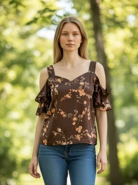 SOHO Brown Floral Cold-Shoulder Tank Top